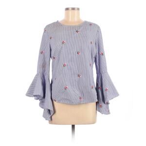 KONTROL Contemporary Long Sleeve Blouse Medium Floral Embroidered Blue Stripes